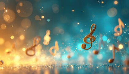 Golden music notes float on blue background with shiny light flares. Abstract musical theme wallpaper with art deco vibe and festive mood for Christmas season events. Great for invitations