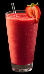Refreshing strawberry smoothie in a clear glass with fresh sliced strawberry and condensation drops, vibrant red fruity drink against black background, natural summer beverage close-up
