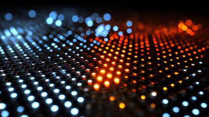 Abstract close-up of illuminated LED lights in blue and orange, creating a vibrant, dynamic pattern. Perfect for technology themes and visual effects in digital designs.