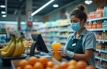 Young woman cashier wears mask and gloves in supermarket. She handles juice bottle at checkout counter. Safe grocery shopping during pandemic. Employee protects herself from virus.