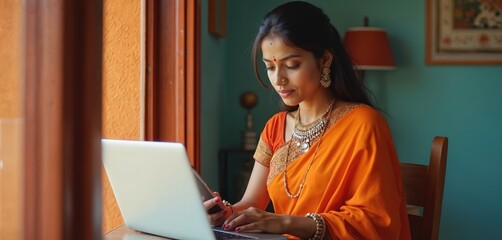 Indian woman works on laptop at home. She wears orange sari traditional dress. Lady holds smartphone in hand, types on keyboard. Remote work, online education, freelance, Indian culture concept.