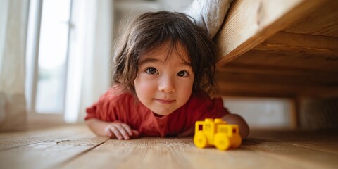 Toddler girl playing with lego under bed.