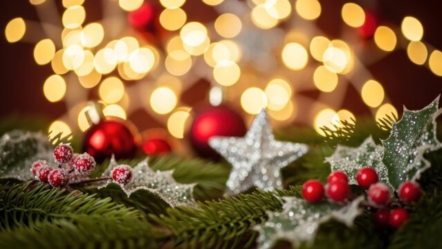 Christmas decorations with red berries and green holly leaves on a pine branch with a blurred background of fairy lights. - Powered by Adobe