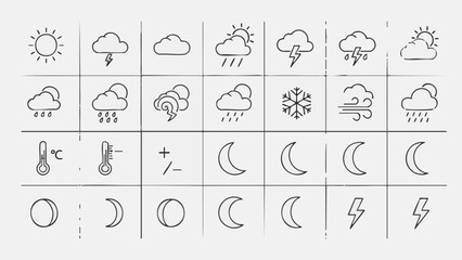 Naklejka premium Hand drawn weather icons sun clouds rain snow wind moon phases lightning thermometers vector