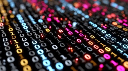 An abstract close-up of colorful binary code showcasing the digital world. This composition features illuminated numbers representing data processing and information technology.