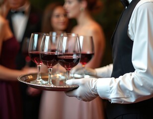Waiter wears white gloves holds tray with glasses of red wine. Event catering service at celebration or party. People in evening dresses at special occasion enjoy beverages.