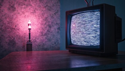Old retro television shows static noise screen in dark room. Vintage TV monitor with no signal stands on table in dramatic neon light. Classic analog display glitch effect from lost broadcast,