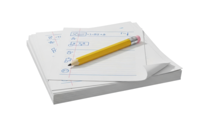 3D icon worksheet paper set with pencil, isolated on white background