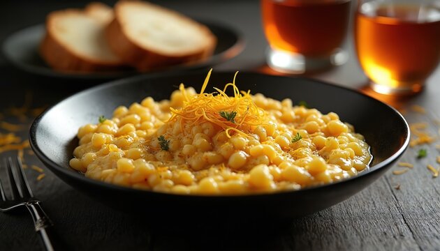 Creamy pasta with saffron, cheese in black bowl on dark wooden table. Italian gourmet meal garnished with herbs for dinner. Traditional cuisine served with bread slices, drinks in cozy restaurant - Powered by Adobe