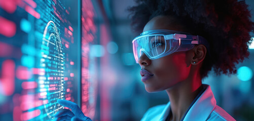 Black female scientist uses holographic interface with medical data. Futuristic lab with neon blue and violet lights. Woman researches advanced health care technology.