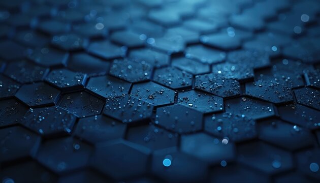 Abstract blue tech background with hexagonal structure and water drops. Modern digital design banner template. Contemporary creative graphic layout for website or presentation.