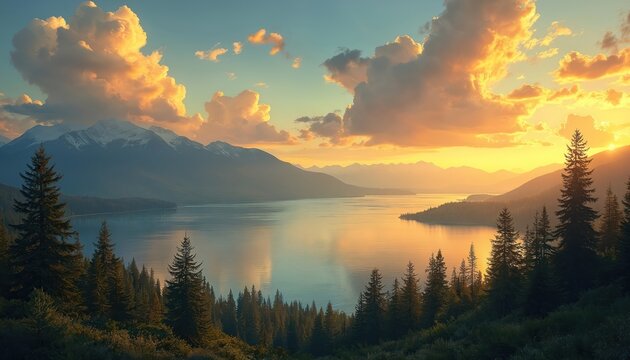 Scenic landscape view of lake framed by mountains and evergreen forest under sunset sky. Peaceful nature photo presents tranquil travel destination with golden hour light and sky.