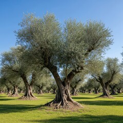 Obraz premium Serene olive grove bathed in sunlight under a clear blue sky, tranquility and natural beauty