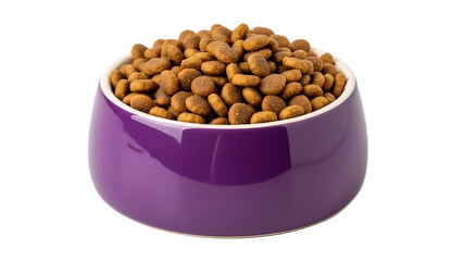 A purple pet bowl filled to the brim with dry dog food kibble on a black and white background