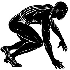 Fototapeta premium Black silhouette of a male sprinter in starting position on white background running race