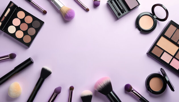 Pro makeup tools on a pastel purple background. Flat lay of cosmetic accessories with brushes, eyeshadow palette and face powder. Beauty products composition with empty copy space. - Powered by Adobe