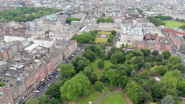 Aerial view of the National Gallery and Leinster House, the Government Building in Dublin, Ireland.