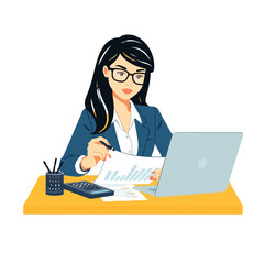 Cartoon woman in business attire working at a desk with a laptop.