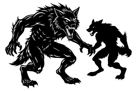 Two black silhouette werewolves snarling and lunging on white background werewolf