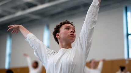 Woman dancing in gymnastics studio.