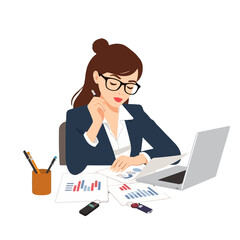 Businesswoman working at desk with laptop and documents.