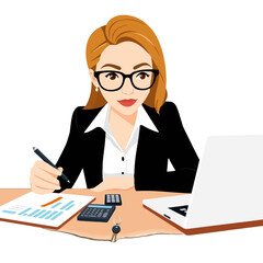 A professional businesswoman in glasses working at her office desk with a laptop, calculator, and financial documents.