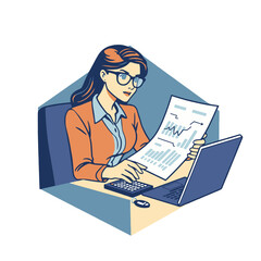 A woman in glasses intently studies financial charts and graphs at her desk with a laptop and calculator.