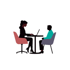 Two silhouetted individuals, a woman with a laptop and a man, engaged in a professional meeting or interview.