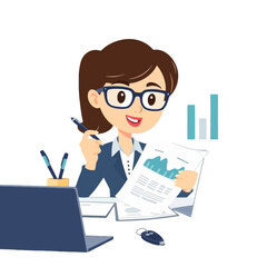 A smiling businesswoman with glasses is analyzing financial reports and data in the office.