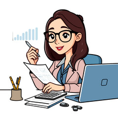 Cartoon woman working at desk with laptop, calculator, and financial documents.