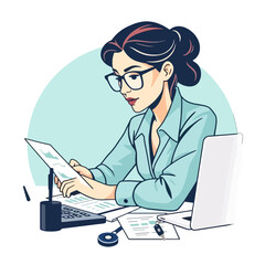 A focused businesswoman wearing glasses diligently reviews documents at her desk with a laptop.