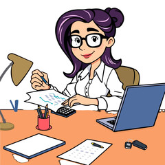 Cartoon illustration of a focused woman with purple hair and glasses working at a desk with a laptop, papers, and a calculator.