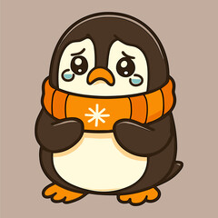 Fototapeta premium Cute cartoon penguin with a winter scarf looking sad