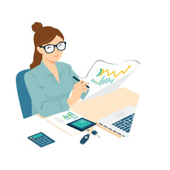 Woman analyzing financial data with laptop, tablet, calculator, and documents.