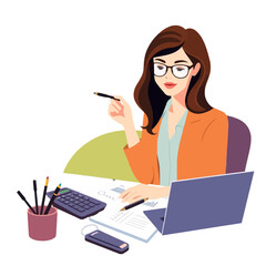 A professional woman with glasses working at her office desk with a laptop, calculator, and documents, depicted in a flat vector illustration style.