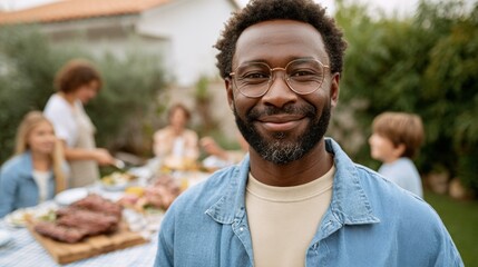 Man at outdoor gathering, smiling, wearing glasses and blue jeans.