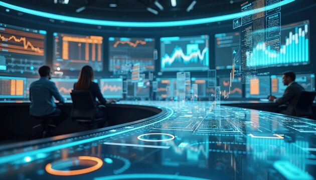 Analysts monitor complex data on multiple screens within modern tech control room. Business professionals use advanced systems for financial analysis, budget tracking, real-time operations