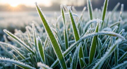 Winter morning frost delicately covering grass blades soft sunlight glow creating magical nature scene