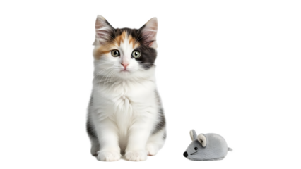 A calico kitten sitting upright next to a gray toy mouse on a black background in a studio shot