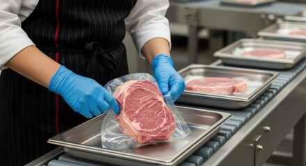 A chef wearing gloves handling a raw ribeye steak inside plastic packaging
