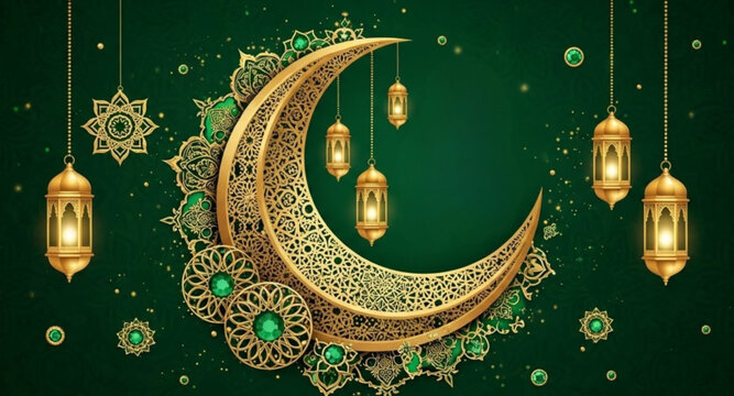 Lantern and crescent moon with green background
