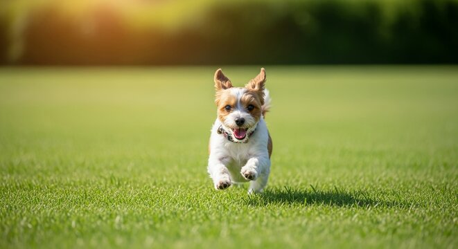 Small dog running joyfully through grass capturing movement bright day clean background pet energy