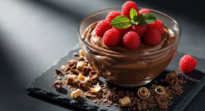 A delicious chocolate mousse dessert with fresh raspberries and mint garnish - Powered by Adobe