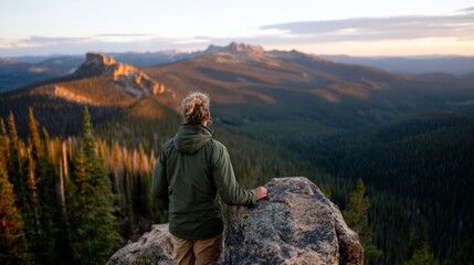 Fototapeta premium Person standing on rocky outcrop overlooking mountainous landscape at sunset.