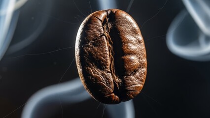 Close-up of roasted coffee bean with dark background emphasizing rich texture