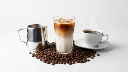 artistic coffee scene with steaming cup glass of iced coffee and coffee beans