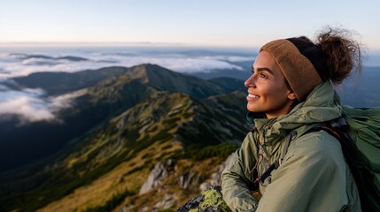 Woman hiking in mountains at sunset.