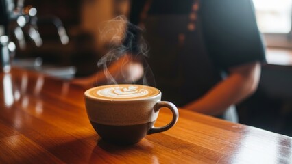 Steaming hot coffee with latte art in a cozy caf? setting highlighting