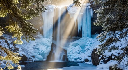 Stunning frozen waterfall icy blue hues illuminated by winter sunlight detailed natural ice formation