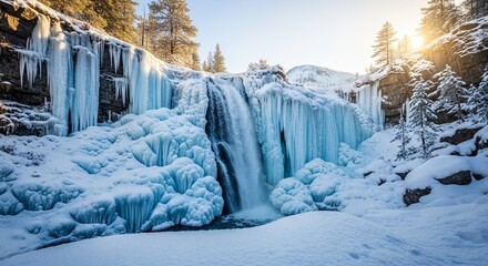 Scenic frozen waterfall glowing icy blue tones winter sunlight capturing dramatic nature frozen beauty